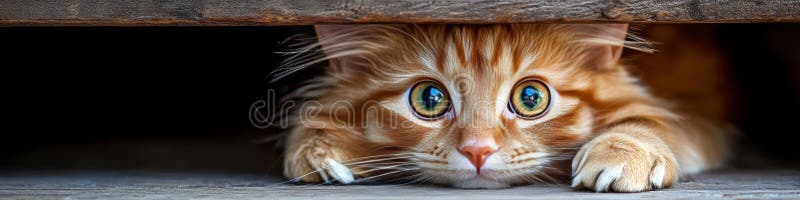 Любопытная Имбирная Кошка, Которая Ищет Под Деревянной Доской. Безупречное питомство с выразительными глазами внутри иллюстрация штока