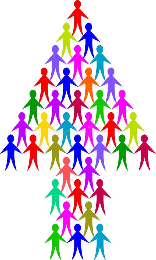 Illustration of multicolored people hand in hand forming an arrow, symbolizing diversity, teamwork and success. Matching heart also in portfolio. Illustration of multicolored people hand in hand forming an arrow, symbolizing diversity, teamwork and success. Matching heart also in portfolio.