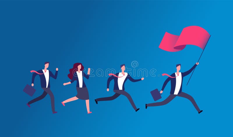 People holding flag and running. Business leader leading office team. Leadership vector concept. Illustration of leader man business with red flag. People holding flag and running. Business leader leading office team. Leadership vector concept. Illustration of leader man business with red flag