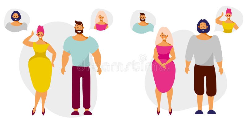 Люди и женщины персонажей из мультфильма думают и мечтают одина другого иллюстрация штока Люди и женщины персонажей из мультфильма думают и мечтают одина другого иллюстрация штока