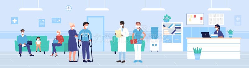 Люди из мультика, иллюстрации вектора приобретения больницы плоские и экзамен инвалидов пациента человека ждать в зале больницы бесплатная иллюстрация