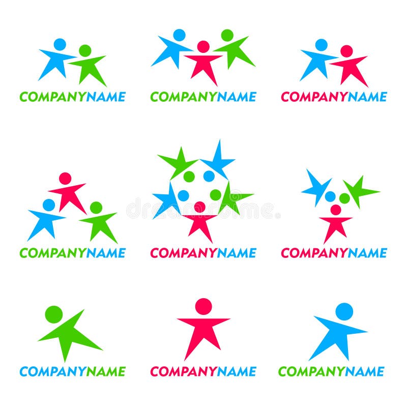 Collection of vector abstract human silhouettes, people figures - single or groups. Isolated 9 colored icon / logo template with blind lettering Company Name on white background. Collection of vector abstract human silhouettes, people figures - single or groups. Isolated 9 colored icon / logo template with blind lettering Company Name on white background.