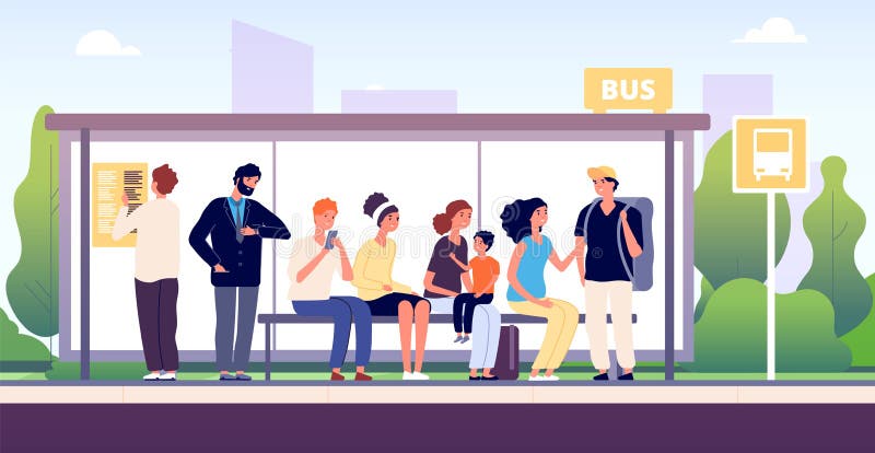 People at bus stop. City community transport, passengers waiting the buses standing together, urban public traffic cartoon vector concept. Illustration city bus stop for urban transport. People at bus stop. City community transport, passengers waiting the buses standing together, urban public traffic cartoon vector concept. Illustration city bus stop for urban transport