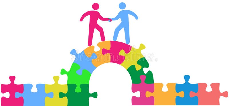 Two people team up climbing bridge to join in a merger make a deal or collaborate. Two people team up climbing bridge to join in a merger make a deal or collaborate