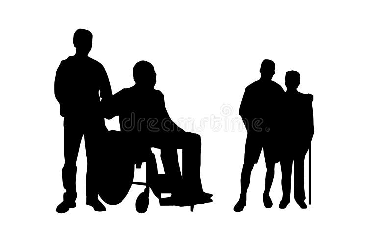 Vector illustration as silhouette of people doing social works helping elder people. Vector illustration as silhouette of people doing social works helping elder people