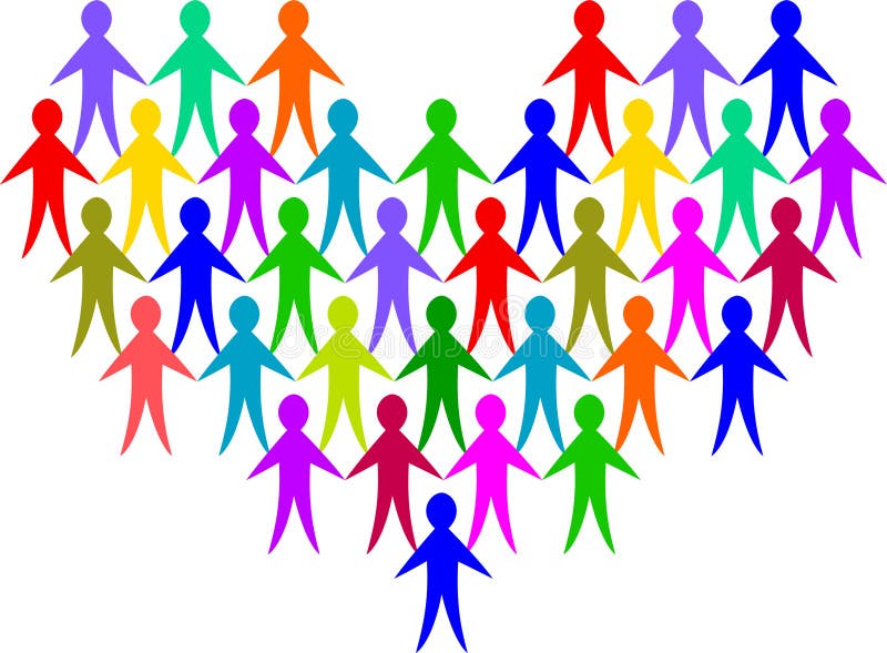 Illustration of multicolored people hand in hand forming a heart symbolizing diversity, teamwork and caring. Matching arrow also in portfolio. Illustration of multicolored people hand in hand forming a heart symbolizing diversity, teamwork and caring. Matching arrow also in portfolio.
