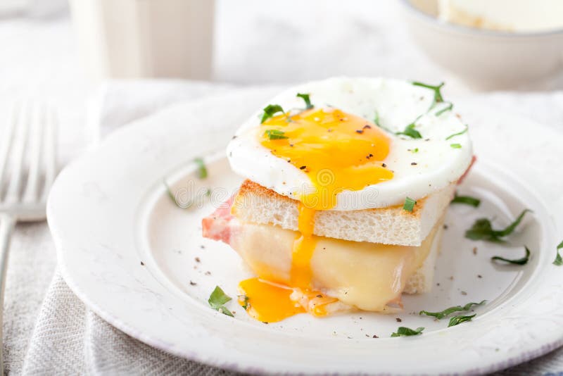 Мадам Croque, яичко, ветчина, сандвич сыра Традиционная французская кухня стоковая фотография Мадам Croque, яичко, ветчина, сандвич сыра Традиционная французская кухня стоковая фотография