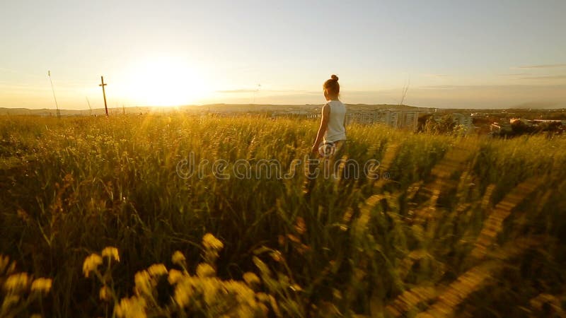 Маленькая девочка идя на поле для того чтобы пересечь на заход солнца