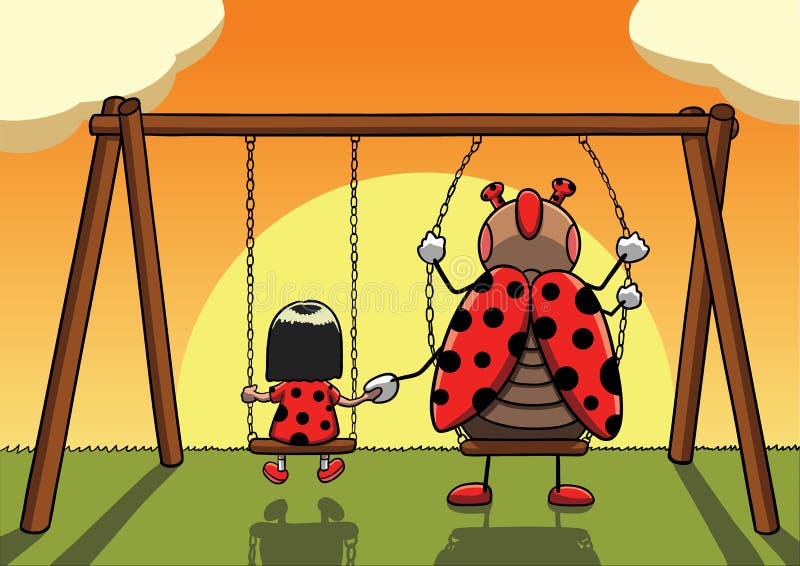 Маленькая девочка на качании держа руки с ladybug и наблюдая заход солнца иллюстрация штока Маленькая девочка на качании держа руки с ladybug и наблюдая заход солнца иллюстрация штока