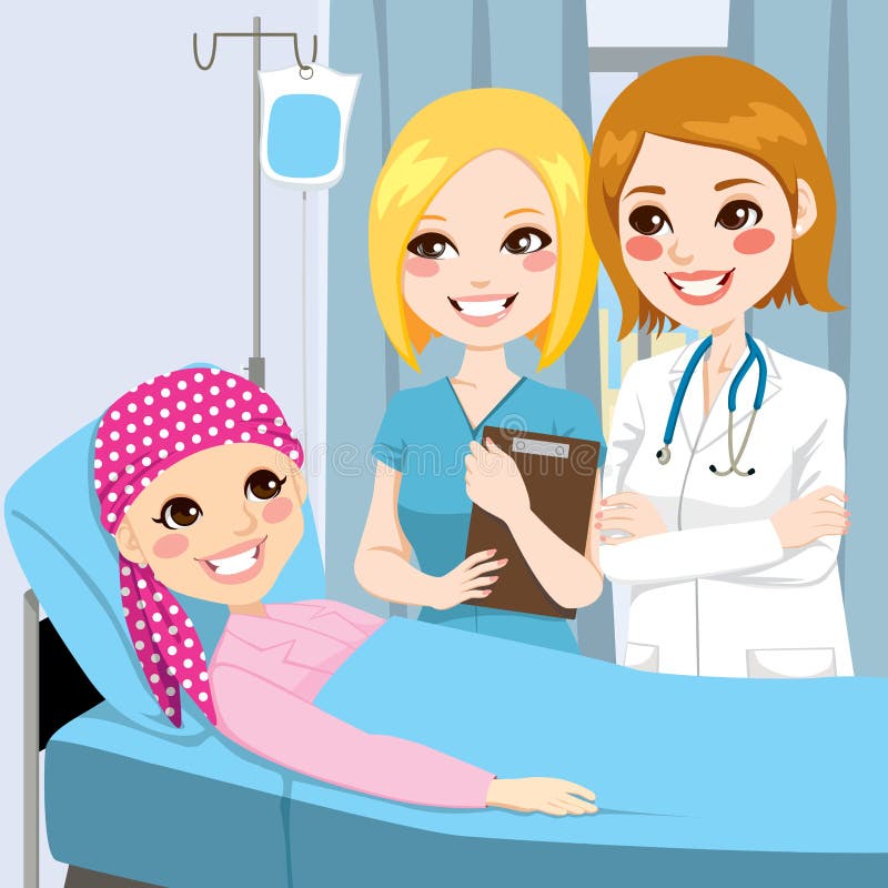 Woman doctor and nurse visit a young girl lying down on hospital bed receiving intravenous chemotherapy treatment for cancer. Woman doctor and nurse visit a young girl lying down on hospital bed receiving intravenous chemotherapy treatment for cancer