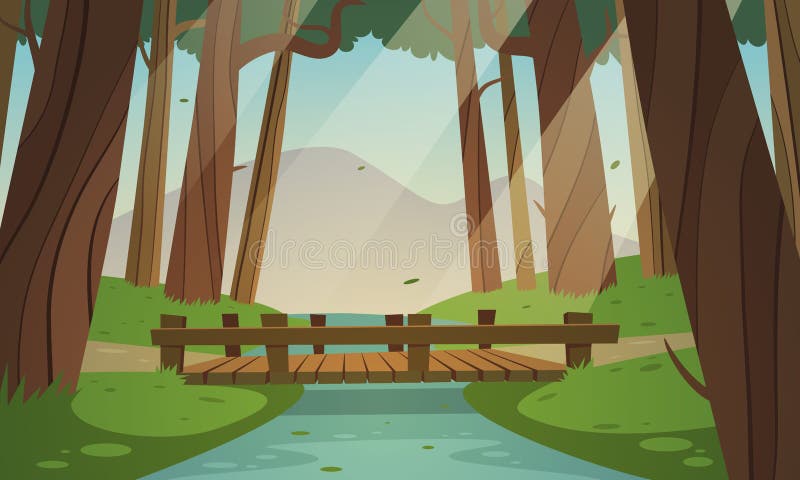 Cartoon illustration of the small wooden bridge in the woods, summer landscape. Cartoon illustration of the small wooden bridge in the woods, summer landscape.