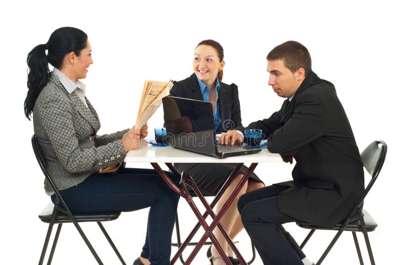 Three business people sitting on chairs in a cafe shop searching on laptop,reading newspaper and having conversation against white background. Three business people sitting on chairs in a cafe shop searching on laptop,reading newspaper and having conversation against white background