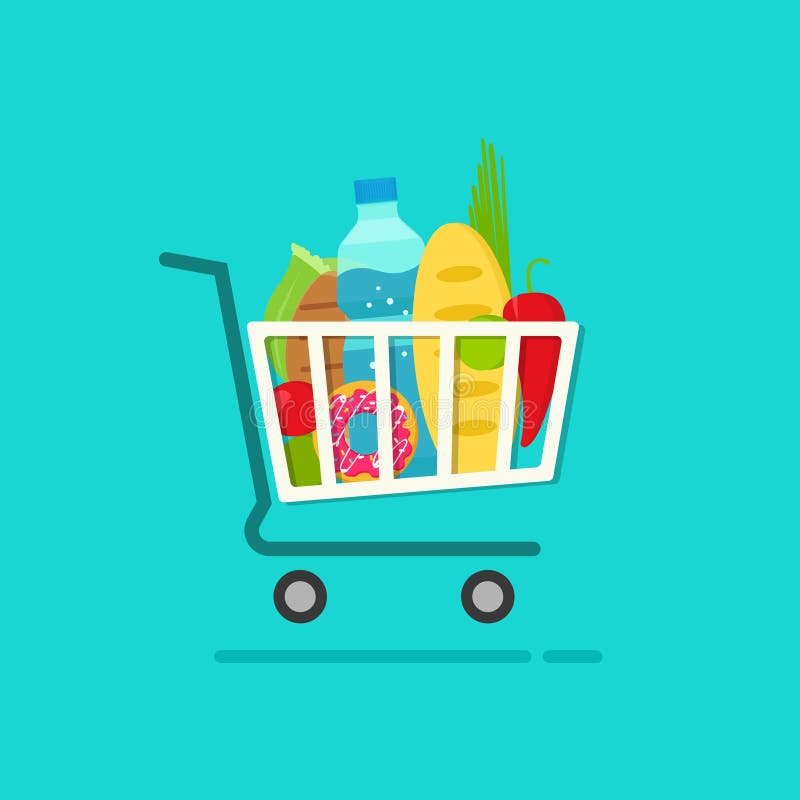 Магазинная тележкаа посещения магазина бакалеи с вполне свежих продуктов vector иллюстрация иллюстрация вектора