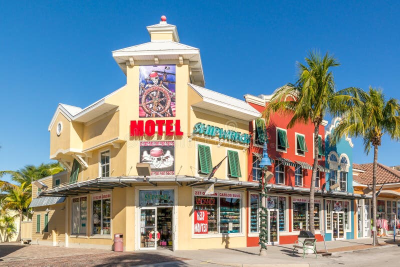 Shops in Old San Carlos Boulevard in Fort Myers Beach on Estero Island at the west coast of Florida, USA. Shops in Old San Carlos Boulevard in Fort Myers Beach on Estero Island at the west coast of Florida, USA