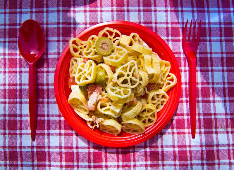 Макаронные изделия лета с томатом, тунцом, душицей и оливками стоковые изображения Макаронные изделия лета с томатом, тунцом, душицей и оливками стоковые изображения