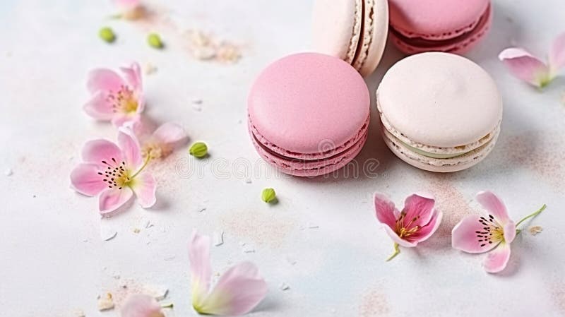 макароны или печенье из макаруны на белом текстурированном с весенними сакурами цветами пастельных цветов. генеративный помощник бесплатная иллюстрация