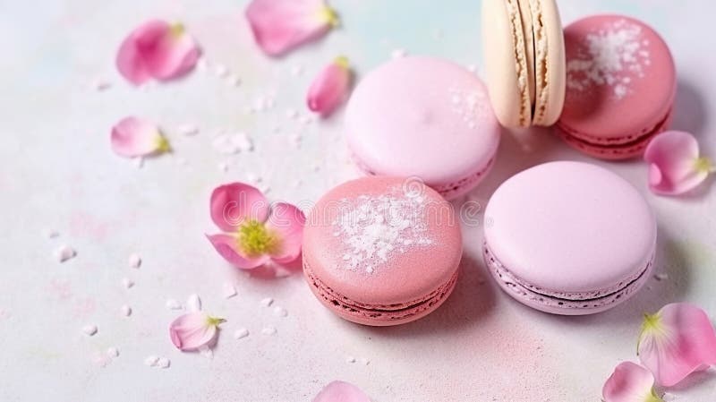 макароны или печенье из макаруны на белом текстурированном с весенними сакурами цветами пастельных цветов. генеративный помощник иллюстрация вектора
