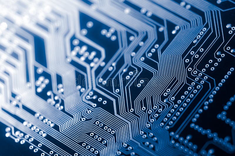 Макрос pcb монтажной платы радиотехнической схемы в сини стоковое изображение