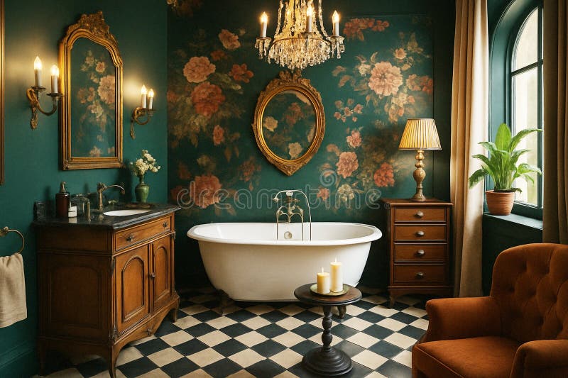 Maximalist bathroom with patterned wallpaper and eclectic vintage decor иллюстрация штока