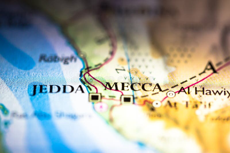 Маленькая глубина фокуса поля на географическом положении карты города мекки мекки на континенте Саудовской Аравии Азии эпическом