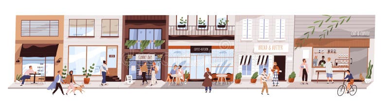 Small urban street with cafes and shops vector flat illustration. Happy man, woman and couples walking on modern city panorama. Buildings, coffeshop, store showcase with people isolated on white. Small urban street with cafes and shops vector flat illustration. Happy man, woman and couples walking on modern city panorama. Buildings, coffeshop, store showcase with people isolated on white.