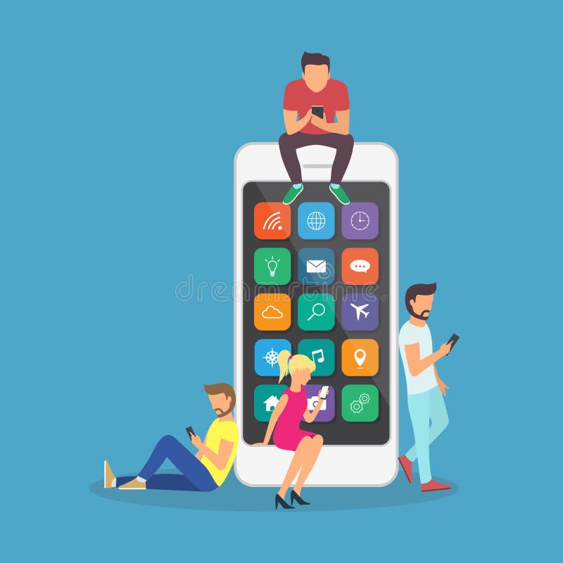 Маленькие ребеята около большого smartphone и телефоны использования для того чтобы прочитать новости и связать иллюстрация штока