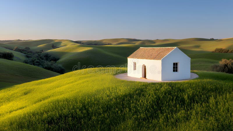 Маленький Белый дом на Rolling Green Hills на 'золотом часе' иллюстрация вектора