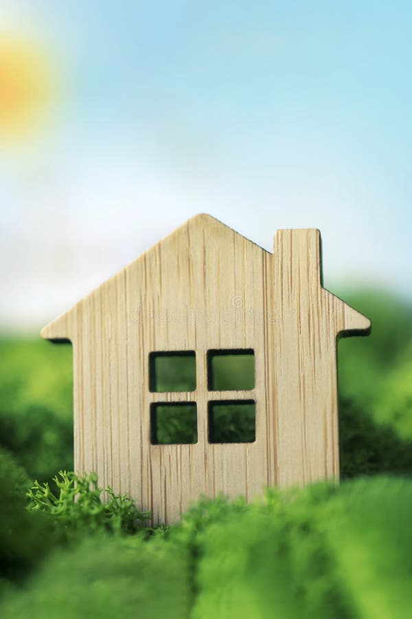 toy house on a background of plants as symbol of private country house. The concept of real estate in mortgages. small hut on a green background of natural moss. Living in an eco place. vertical photo. toy house on a background of plants as symbol of private country house. The concept of real estate in mortgages. small hut on a green background of natural moss. Living in an eco place. vertical photo