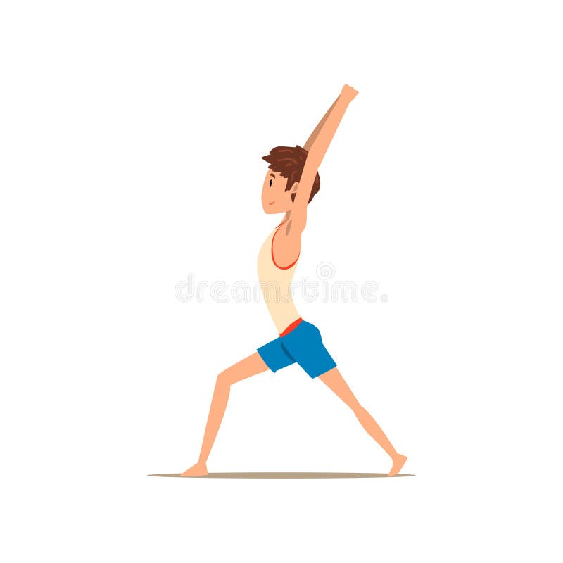 Мальчик в представлении йоги ратника, Virabhadrasana, тренировке реабилитации для боли в спине и улучшать вектор позиции иллюстрация штока Мальчик в представлении йоги ратника, Virabhadrasana, тренировке реабилитации для боли в спине и улучшать вектор позиции иллюстрация штока