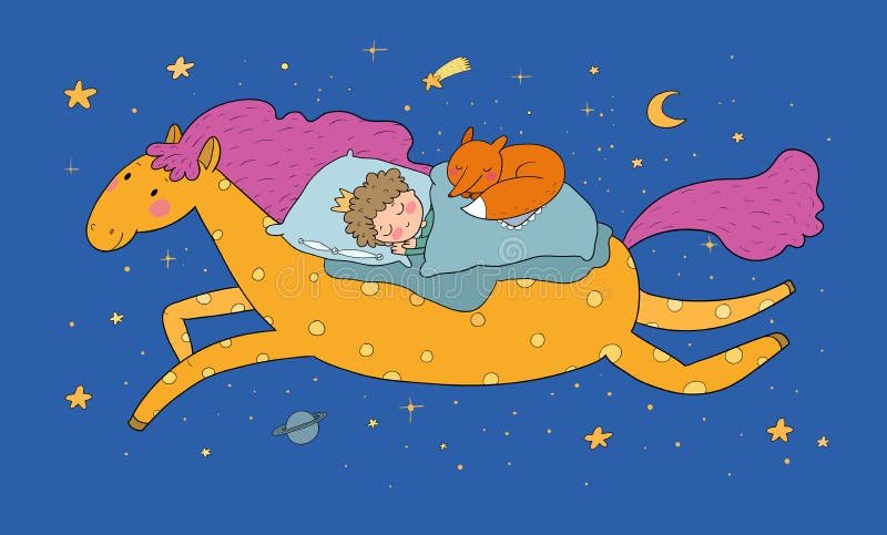 Мальчик в снах кронес на пони magic. Маленький царь. Спокойной ночи.. Сладких снов иллюстрация штока