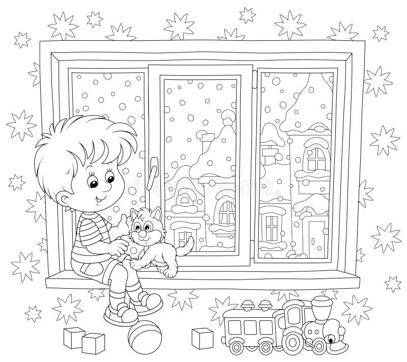 Мальчик играет с котенком иллюстрация штока Мальчик играет с котенком иллюстрация штока