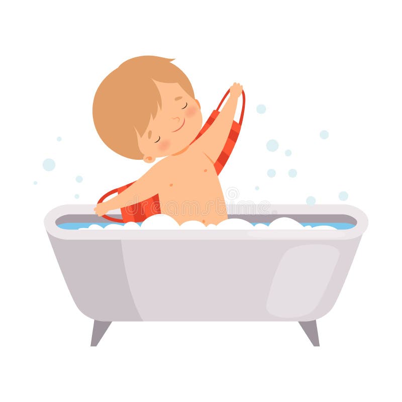 Мальчик моя в ванне с пеной шампуня, прелестным маленьким ребенком в Bathroom, ежедневной иллюстрации вектора гигиены иллюстрация вектора