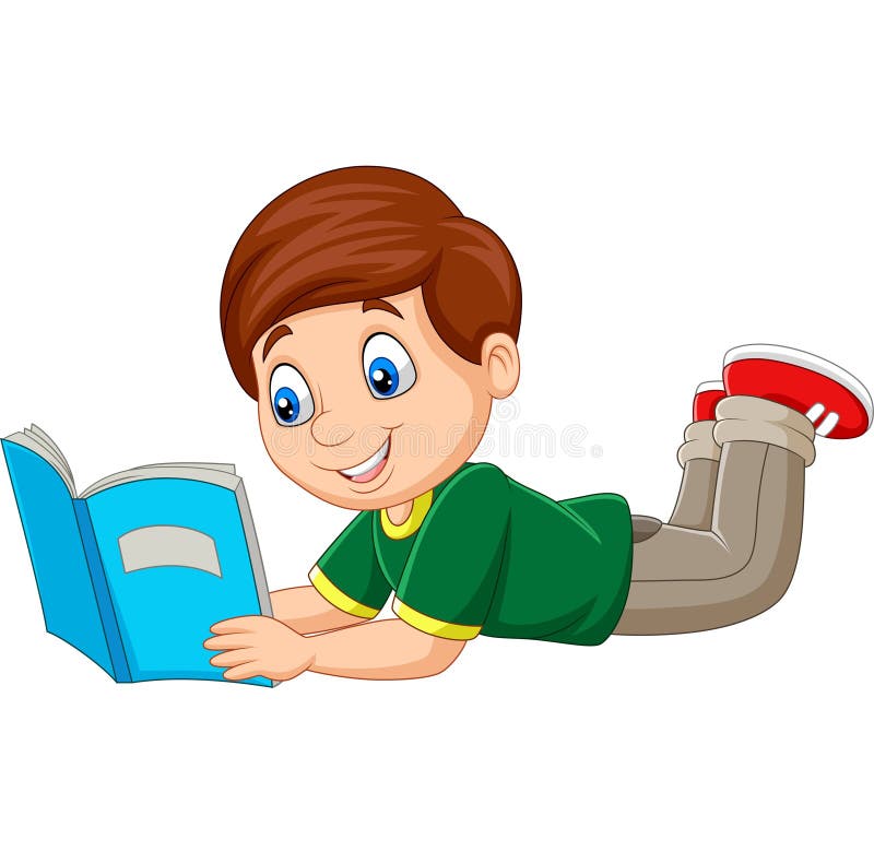 Мальчик мультфильма кладя вниз и читая книгу иллюстрация штока