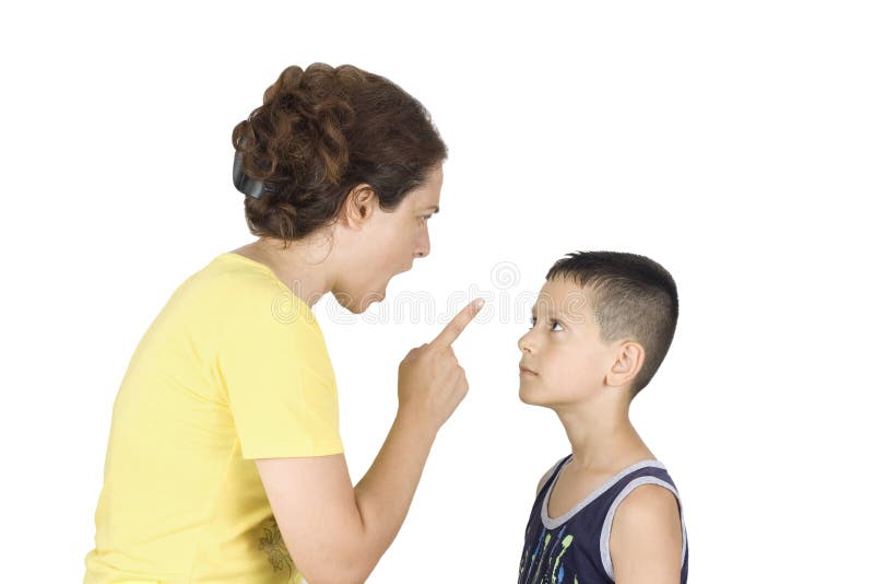 Boy confronts his mother isolated on white background. Boy confronts his mother isolated on white background