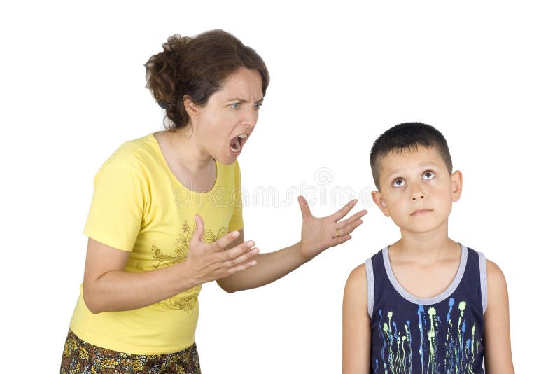 Boy confronts his mother isolated on white background. Boy confronts his mother isolated on white background