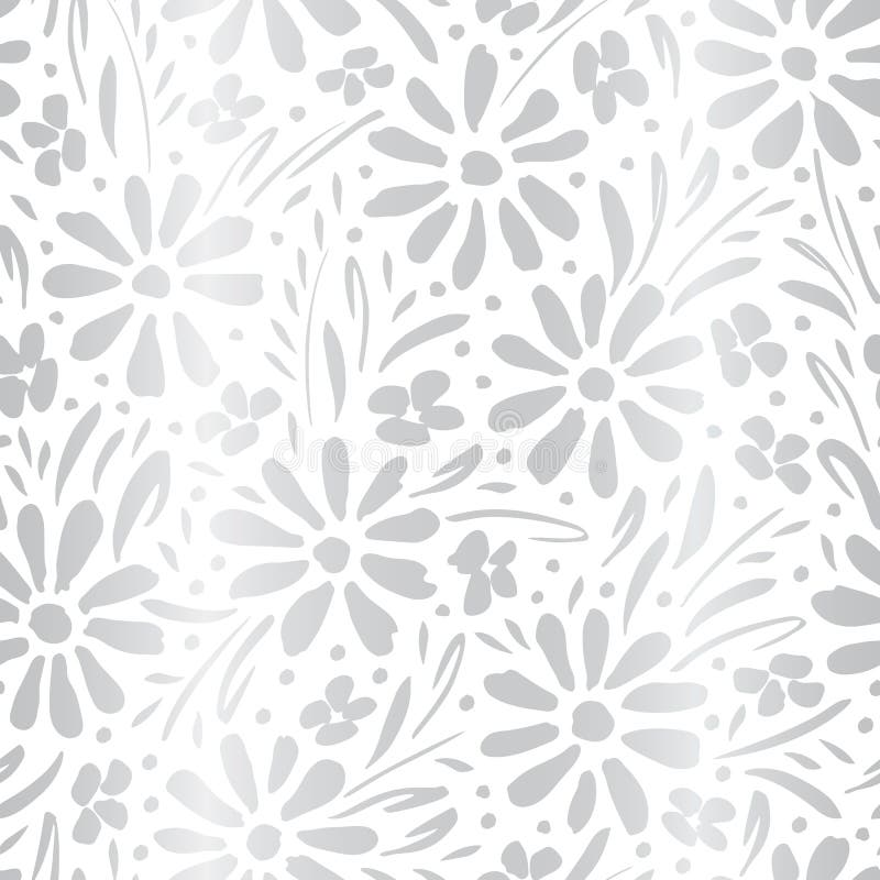 Маргаритки и листва Monochrome серебряного градиента покрашенные вручную на скороговорках белого вектора предпосылки безшовных Фл иллюстрация вектора
