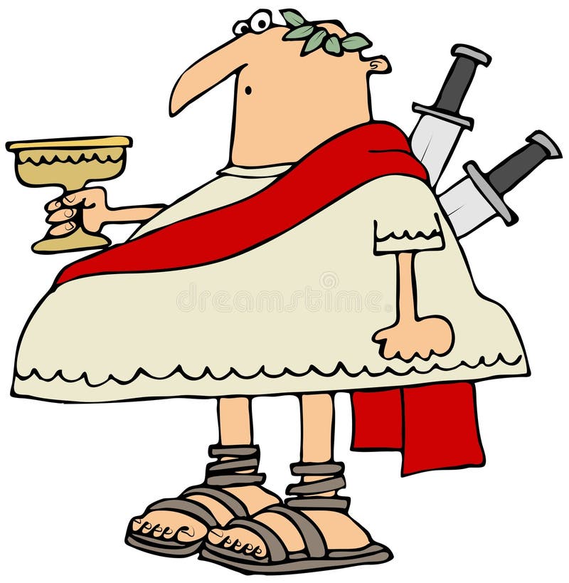This illustration depicts Julius Caesar holding a goblet with 2 knives stuck in his back. This illustration depicts Julius Caesar holding a goblet with 2 knives stuck in his back.