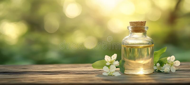 Масло Neroli Essential в стеклянной бутылке с изысканными белыми блоссомами на селедной поверхности иллюстрация штока