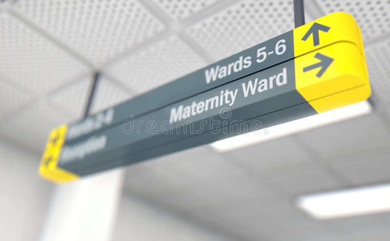 A ceiling mounted hospital directional sign highlighting the way towards the maternity, ward - 3D render. A ceiling mounted hospital directional sign highlighting the way towards the maternity, ward - 3D render