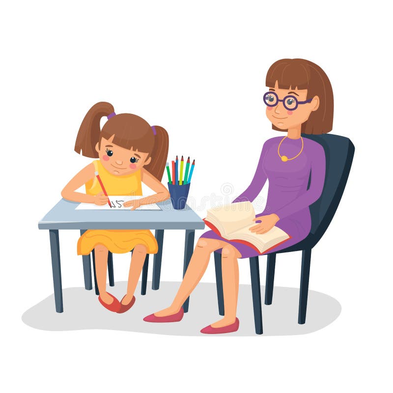 Мать помогая ее дочери с домашней работой Девушка делая schoolwork с мамой или учителем r иллюстрация вектора