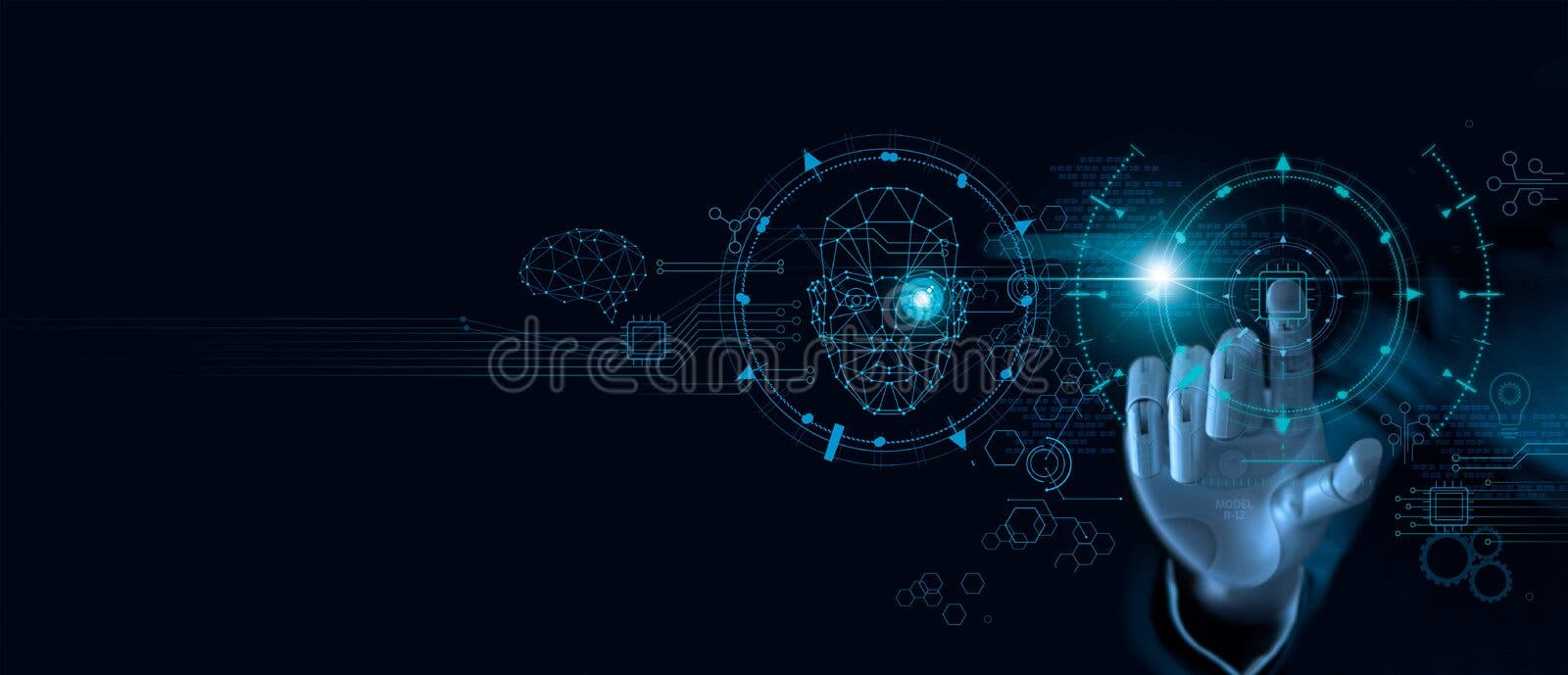 Машинное обучение Рука робота касаясь на компьютерной микросхеме и двоичных данных Футуристический искусственный интеллект AI Машинное обучение Рука робота касаясь на компьютерной микросхеме и двоичных данных Футуристический искусственный интеллект AI