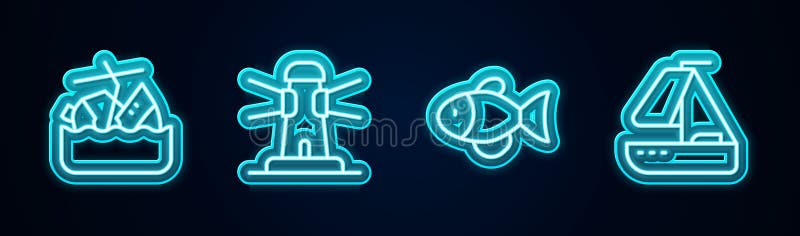 Маяк Рыба и Яхта. Неоновый значок. Вектор бесплатная иллюстрация
