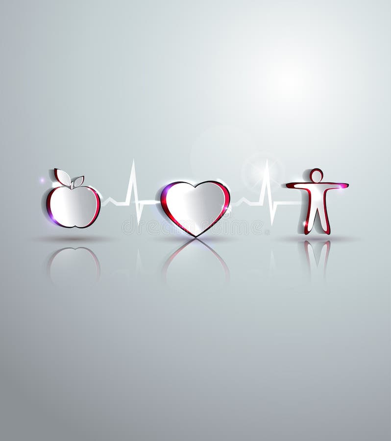 Medical health care design. Healthy food and fitness leads to healthy heart and life. Symbols connected with heart rate monitoring line. Medical health care design. Healthy food and fitness leads to healthy heart and life. Symbols connected with heart rate monitoring line.