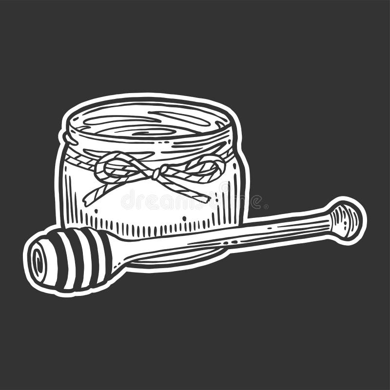 Мед в баке с деревянной ложкой Концепция вектора в стиле doodle и эскиза Иллюстрация руки вычерченная для печати на футболках бесплатная иллюстрация