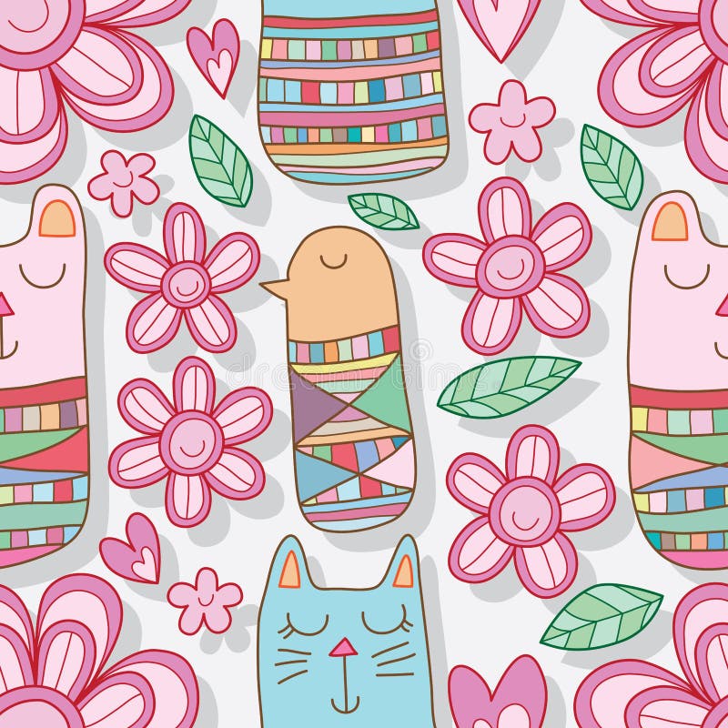 Медведя птицы кота Kokeshi цветка картина счастливого безшовная иллюстрация вектора Медведя птицы кота Kokeshi цветка картина счастливого безшовная иллюстрация вектора