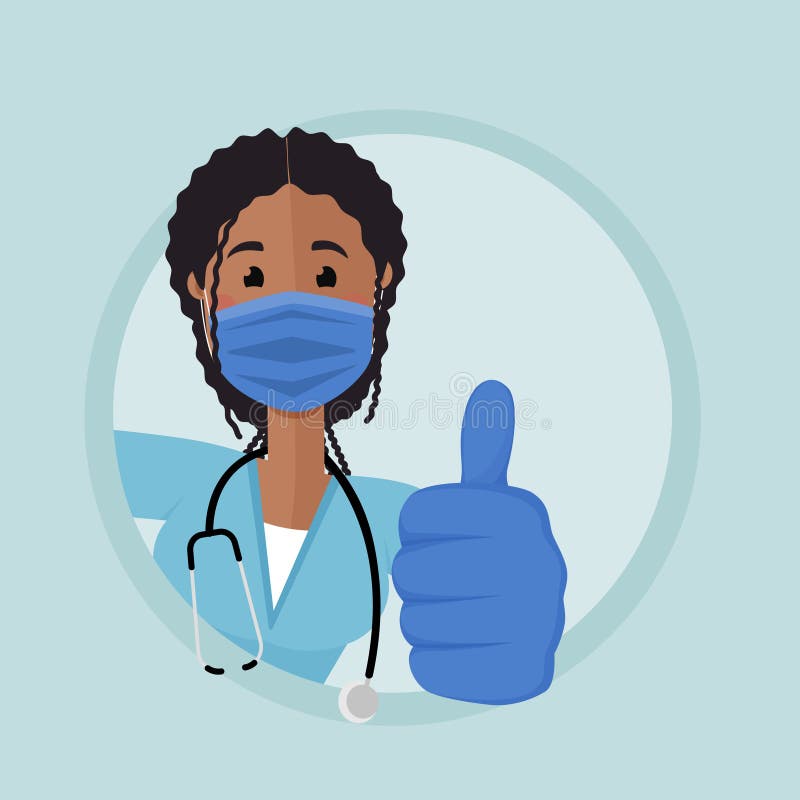 An African-American nurse wearing a medical mask looks from around the corner. Her thumb is raised, she approves of your actions. An African-American nurse wearing a medical mask looks from around the corner. Her thumb is raised, she approves of your actions.