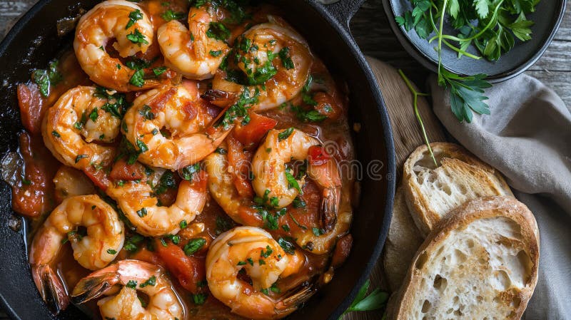 мелкая глубина селективного фокуса с вкусным греческим блюдом с названием креветок саганаки. аи иллюстрация штока