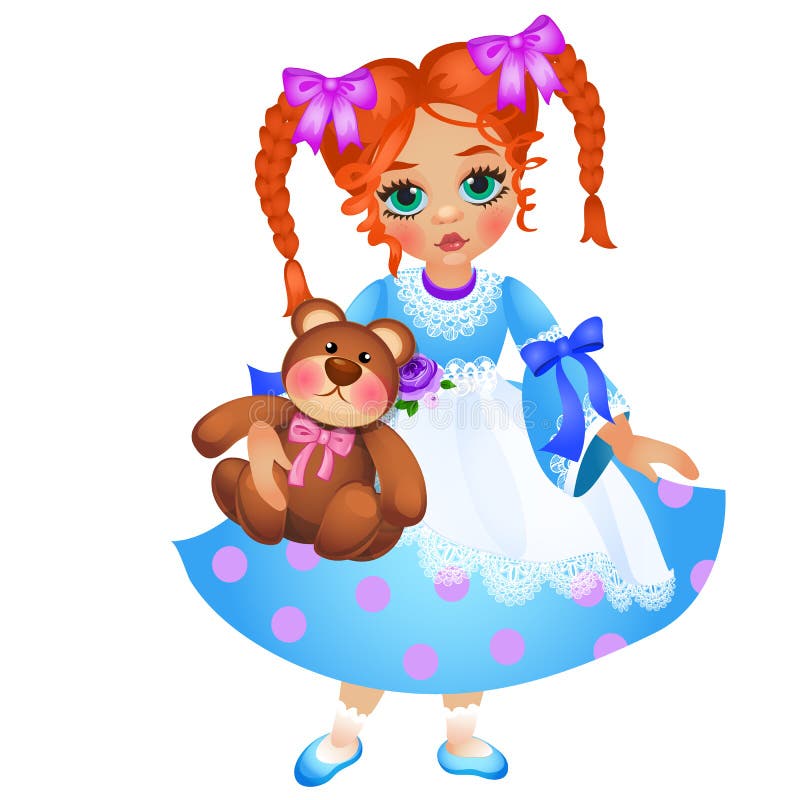 Меньшая девушка redhead с 2 заплела плюшевый медвежонка игрушки владениями отрезков провода изолированный на белой предпосылке Ко иллюстрация штока Меньшая девушка redhead с 2 заплела плюшевый медвежонка игрушки владениями отрезков провода изолированный на белой предпосылке Ко иллюстрация штока