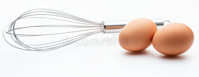 Metallic kitchen rods for manually mixing food with 2 fresh eggs collection of cooking objects. Isolated on white background. Metallic kitchen rods for manually mixing food with 2 fresh eggs collection of cooking objects. Isolated on white background