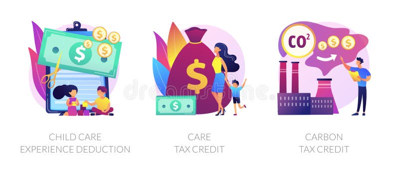 Tax deduction, exemption and credit icons set. Child care experience deduction, care tax credit, carbon tax credit metaphors. Income subsidies. Vector isolated concept metaphor illustrations. Tax deduction, exemption and credit icons set. Child care experience deduction, care tax credit, carbon tax credit metaphors. Income subsidies. Vector isolated concept metaphor illustrations